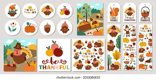 Cute Set Of Thanksgiving Cards With Turkey, Forest Animals, Harvest, Pilgrims. Vector Autumn Holiday Square, Round, Vertical Print Templates. Fall Design For Tags, Postcards, Ads
