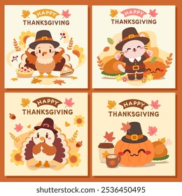 A cute set of Thanksgiving greeting cards featuring adorable cartoon characters like a turkey, cat, and pumpkin, all dressed in pilgrim attire and surrounded by autumn themed elements.