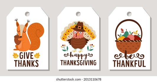 Cute set of Thanksgiving price tag templates or cards with turkey, forest animal, harvest. Vector autumn holiday vertical print templates. Fall design for tags, postcards, ads
