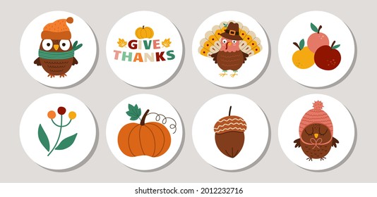 Cute set of Thanksgiving round cards with turkey, owl, harvest. Vector autumn holiday highlight icons collections. Fall design for tags, postcards, ads, social media
