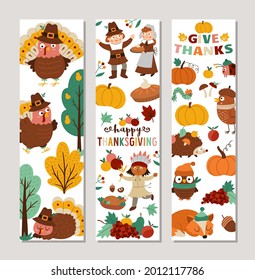 Cute set of Thanksgiving vertical cards with turkey, forest animals, harvest, pilgrims. Vector autumn holiday vertical print templates. Fall bookmark design for tags, postcards, ads
