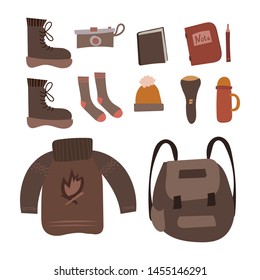 Cute set of things for the autumn campaign, boots, camera, book, sweater, backpack isolated on a white background. Scandinavian style. Vector.
