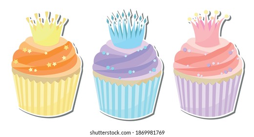 Cute set of three delicious stickers cupcakes with crowns in pastel shades. Stock vector illustration isolated on white background. Can be used as stickers - cupcakes, cakes, sweet pastries.