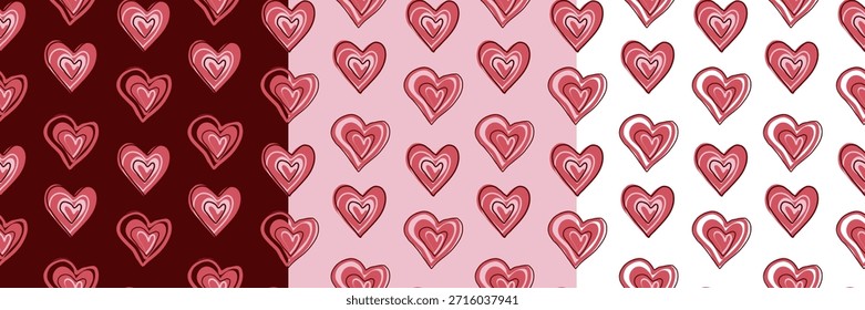 A cute set of three different color variations of hand-drawn seamless patterns with pink and red hearts. Valentine's Day vector backgrounds.