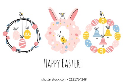 A cute set of three Easter wreaths decorated with eggs, flowers, bells, a small singing chicken and rabbit ears. Suitable for greeting cards, banners, invitations, flyers.