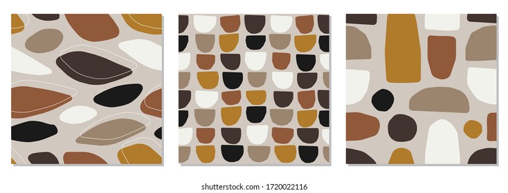 Cute set of trendy mid century modern seamless pattern with abstract organic shapes nature elements, vector illustration in simple flat style, ideal for wrapping paper, wallpaper, fabrics etc