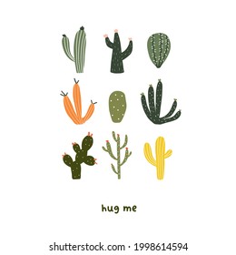 Cute set of tropical decorative cacti with thorns. Vector illustration in flat hand drawn cartoon style 