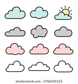 Conjunto Bonito de Doze Nuvens de Desenhos Animados em Cores Diferentes e Estilo de Ícone de Tempo
