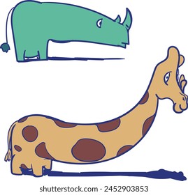 A cute set of two cartoon stickers in the form of a giraffe and a rhinoceros. The animals have very large and long necks.