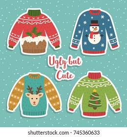 Cute set of ugly Christmas sweaters. Vector illustrations. 