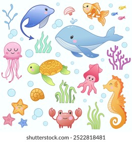 Cute set of undersea elements. Whale, jellyfish, seahorse, turtle, crab, fish, ray, seaweed, starfish and bubbles