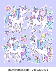 Cute set unicorn patch stickers vector illustration