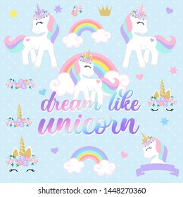 Cute Set Of Unicorns With Flower Bouquet
With The Phrase Dream Like Unicorn