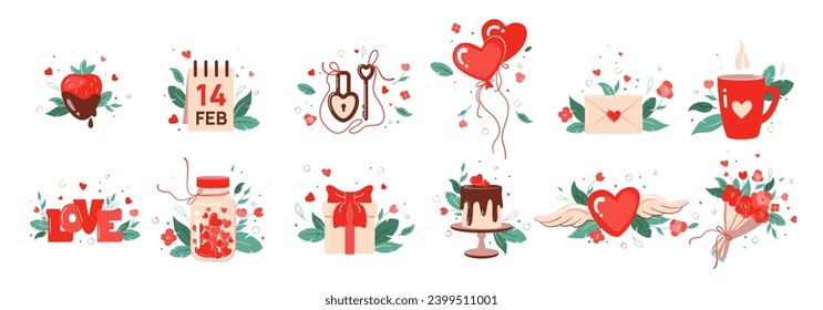 Cute set of Valentine elements. Gift, heart, balloon, key, flowers, cake, calendar, envelope, jar with hearts. Romantic vector illustration for postcards, stickers, websites, print