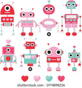 Cute Set Of Valentine Robot Clipart