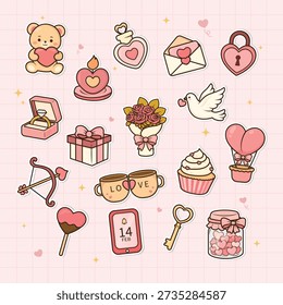 Cute set of valentine stickers showcasing love and happiness featuring rose bouquet, love jar, love letter, etc.