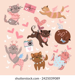 Cute set with valentines cats and hearts. Collection for Valentine's Day. Vector illustration