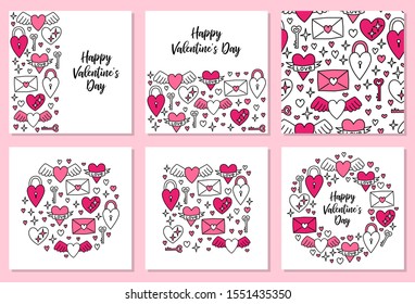 Cute set of Valentine's Day backgrounds with doodles of hearts in line art style for your decoration