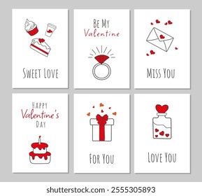 Cute Set Valentine's Day Cards with Doodle Elements and Greeting Inscriptions. Posters Hand Drawn Greeting Templates. Love Backgrounds for Mother's, Women's Day. Banners for Web, Social Media, story.