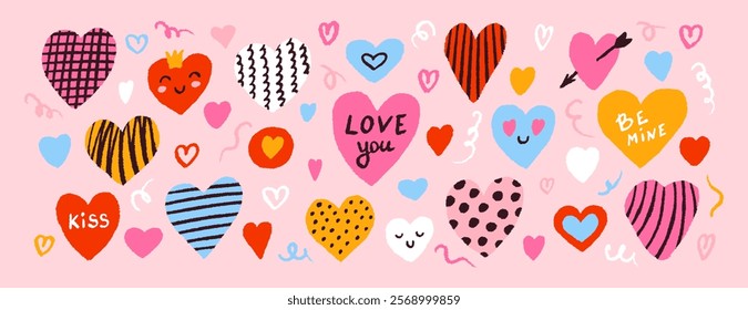 Cute set for Valentines day. Cartoon hearts in hand drawn style, cute phrases. Vector trend colorful illustration