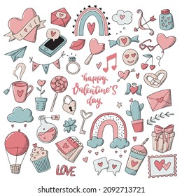 cute set of Valentine's day doodles clipart isolated on white background. Good for prints, stickers, icons, labels, tags, signs, cards, planner decor and scrapbooking. EPS 10