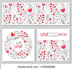 Cute set of Valentines Day floral backgrounds with hand drawn leaves and heart shaped flowers in doodle style, can be used for invitation, wedding or greeting cards, vector illustration