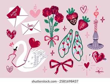 A cute set of Valentine's Day themed romantic stickers and elements. Love letters, rose bouquet, chocolate strawberries, fairy wings, romantic candle, swan, heart balloon. Perfect for greeting cards.