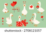 A cute set of Valentine-themed geese featuring hearts, gifts, flowers, and romantic elements. The playful illustrations include geese with balloons, roses, love letters, and Cupid accessories. Perfect