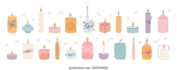 Cute set various candles. Different shapes and sizes. Decorative aroma wax candles for relax and spa. Vector flat illustration in hand drawn style