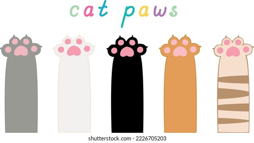 Cute set of various cat paws with hand drawn text. Funny hand drawn cat paws. Vector illustration
