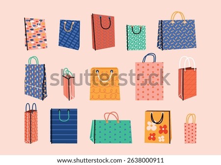 Cute set of various craft paper shopping or gift bags. Presents package, colorful packing in 3d forms for purchases in retro cartoon style. Hand drawn vector flat illustration. Shopping, sale, fashion