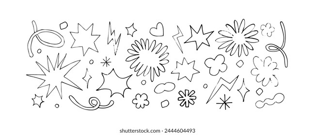 Cute set of various hand drawn abstract shapes, strokes and doodles. Childish cute drawing. Modern design elements. Vector texture.
