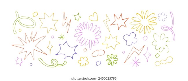 Cute set of various hand drawn abstract shapes, strokes and doodles. Childish cute drawing. Modern design elements. Vector texture.
