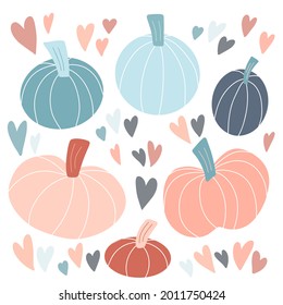 Cute set of various pastel pumpkins hand drawn in simple childish Scandinavian style, colorful hearts. Vector illustration isolated on white background. Clip art for autumn fall design Thanksgiving.