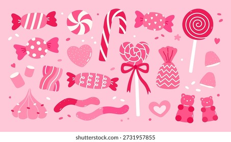 A cute set with various sweets - candies, lollipops, marshmallows, meringues, marmalade on a pink background. Vector hand-drawn illustration in a flat style. Perfect for decorations, logo, menu.