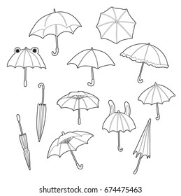 Cute set with various umbrellas. Line art.