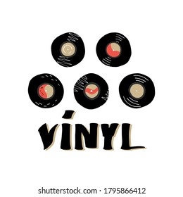 Cute set of various vinyl records and hand lettering. Funny musical sticker, label design. vector isolated illustration.