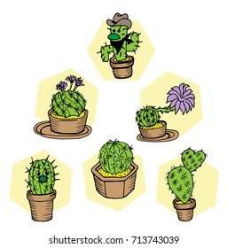 Cute set of vector cactus, vector illustraion, freehand drawing