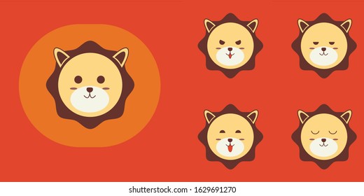 Cute Set Of Vector Cartoon Lion Head Icon Profile Isolated With Expression/Mood Happy Sad Angry Smile Animal Illustration