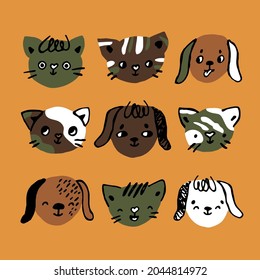 Cute set of vector dogs, puppies, cats, kittens. Hand drawn isolated animals heads in green, brown, black, white colors on yellow background