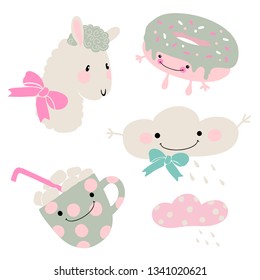 Cute set of vector drawings of alpaca, cup, cloud, donut, on a white background. kawai characters