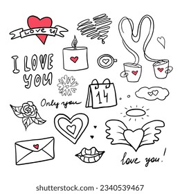 Cute set of vector elements with hearts, love letters, envelopes with heart icons in doodle style . Great for valentine's day cards, greeting card, posters, wrapping and design