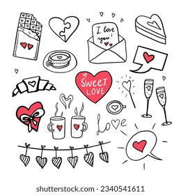 Cute set of vector elements with hearts, love letters, envelopes with heart icons. Doodle style. Hand drawn. Good for greeting card, posters, valentine's day cards , wrappingand design