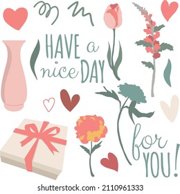 Cute set of vector elements for Valentine's Day or any other holiday. Lettering, flowers, hearts and gift boxes on a white background. Perfect for banners, cards, invitations, packaging.
