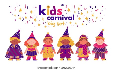 Conjunto de personajes festivos vectoriales, niños con disfraces de carnaval. Partida de disfraces, ilustración vectorial retro. Invitación, tarjeta, afiche, volante, cartel.