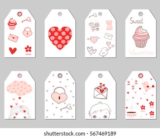 Cute set of vector gift tags with hand drawn elements in pink and red colors for Valentine's day