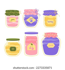 Cute set of vector glass jars with preserves of berry jam, marmalade and jelly isolated on white background