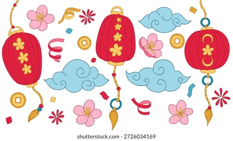Lindo conjunto de Ilustraciones vectoriales para el año Nuevo chino. Faroles rojos y fuegos artificiales.