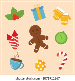 Cute set of vector illustrations with Christmas elements for the design of books, posters, clothes in bright colors. Flat illustration of winter items.