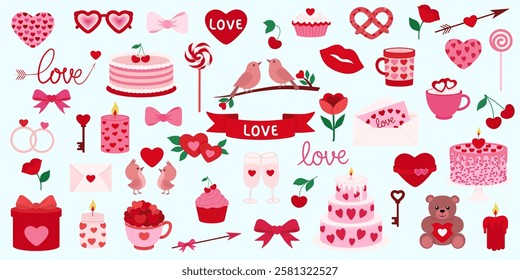 A cute set of vector illustrations, icons, and stickers for Valentine's Day. The concept of love. A set for scrapbooking